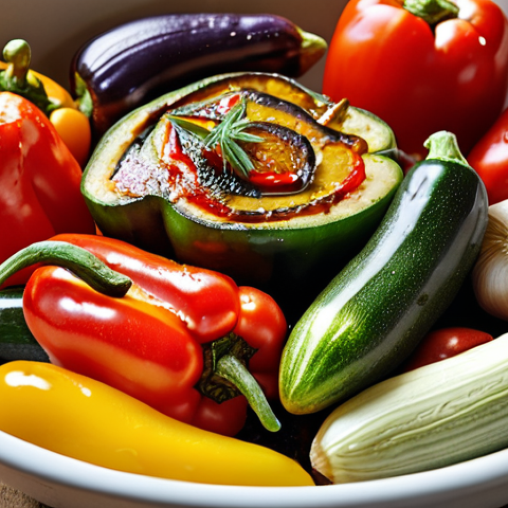 **

Close-up shot of various vegetables (bell peppers, zucchini, eggplant, tomatoes) marinating in a bowl. The marinade includes olive oil, garlic, rosemary, and balsamic vinegar. Focus on the vibrant colors and textures, highlighting the preparation for smoking.

**