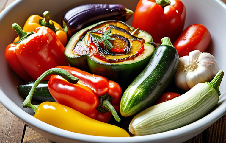 **

Close-up shot of various vegetables (bell peppers, zucchini, eggplant, tomatoes) marinating in a bowl. The marinade includes olive oil, garlic, rosemary, and balsamic vinegar. Focus on the vibrant colors and textures, highlighting the preparation for smoking.

**