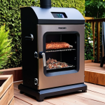 ** A beginner-friendly electric smoker in a backyard setting. Focus on ease of use, perhaps with a digital display and wood chips visible. The atmosphere is relaxed and inviting, suggesting a simple entry point to home smoking.

**