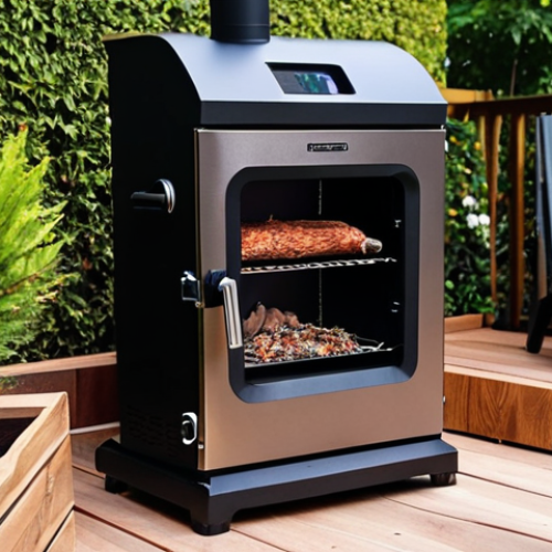 ** A beginner-friendly electric smoker in a backyard setting. Focus on ease of use, perhaps with a digital display and wood chips visible. The atmosphere is relaxed and inviting, suggesting a simple entry point to home smoking.

**