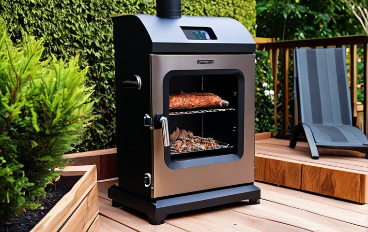 ** A beginner-friendly electric smoker in a backyard setting. Focus on ease of use, perhaps with a digital display and wood chips visible. The atmosphere is relaxed and inviting, suggesting a simple entry point to home smoking.

**