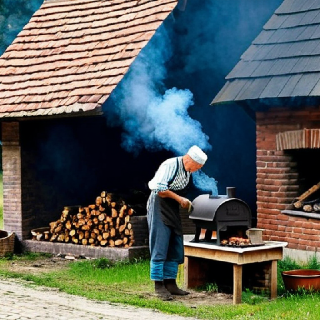 Traditional Smoker with Wood**

"A rustic, brick smokehouse in a Polish countryside setting, with smoke gently rising from the chimney, a person in appropriate attire placing seasoned wood (oak or beech) into a wood-burning stove, emphasizing the natural textures of the brick and wood, fully clothed, safe for work, appropriate content, professional, natural proportions, perfect anatomy, high quality, family-friendly."

**