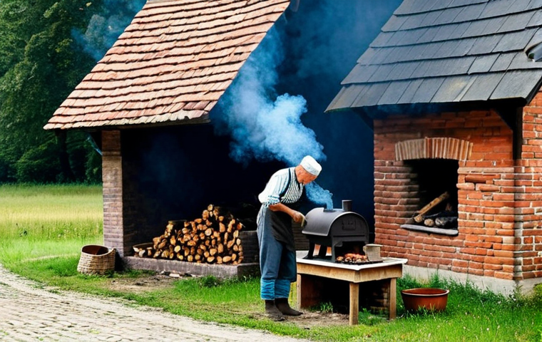 Traditional Smoker with Wood**

"A rustic, brick smokehouse in a Polish countryside setting, with smoke gently rising from the chimney, a person in appropriate attire placing seasoned wood (oak or beech) into a wood-burning stove, emphasizing the natural textures of the brick and wood, fully clothed, safe for work, appropriate content, professional, natural proportions, perfect anatomy, high quality, family-friendly."

**