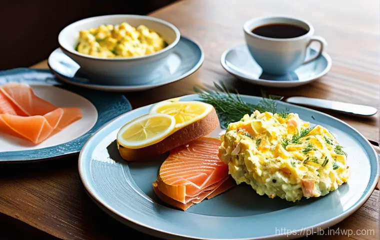 훈제 기법으로 만드는 특별한 아침식사 - **Prompt:** A cozy, sunlit Polish kitchen or dining room, set for a delightful morning breakfast. On...