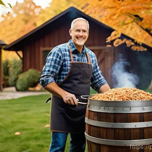 훈제 기법으로 즐기는 세계 각국의 요리 - **Prompt:** A cozy garden scene featuring a man in his 40s, dressed in casual work clothes (jeans, a...