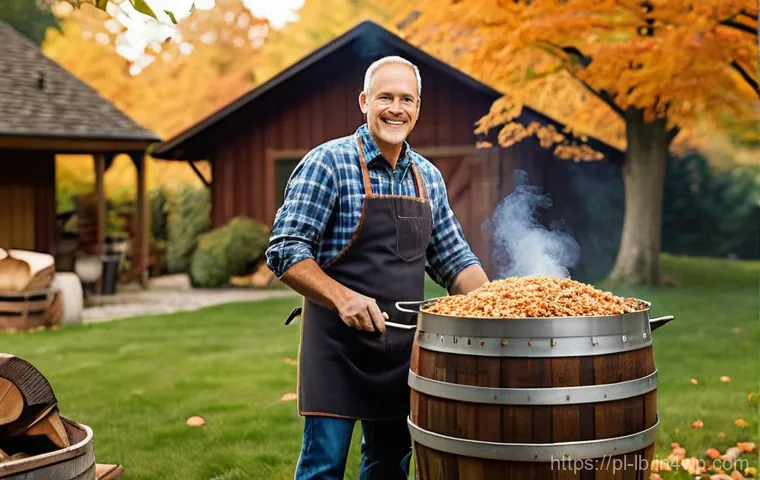 훈제 기법으로 즐기는 세계 각국의 요리 - **Prompt:** A cozy garden scene featuring a man in his 40s, dressed in casual work clothes (jeans, a...