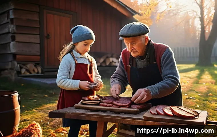 훈제 기법의 장비 및 기기 선택 - **Prompt:** A cozy, rustic scene of a Polish family gathered around a traditional wood-fired smokeho...