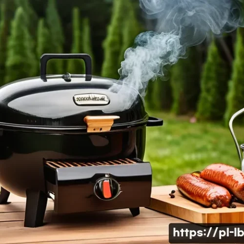 훈제 기법으로 만든 특별한 저녁 메뉴 - A rustic Polish backyard scene featuring a traditional small electric smoker on a wooden table surro...