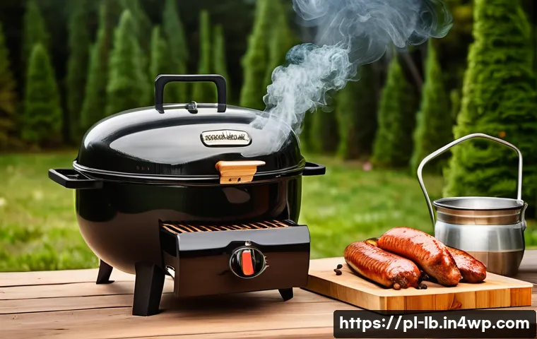훈제 기법으로 만든 특별한 저녁 메뉴 - A rustic Polish backyard scene featuring a traditional small electric smoker on a wooden table surro...