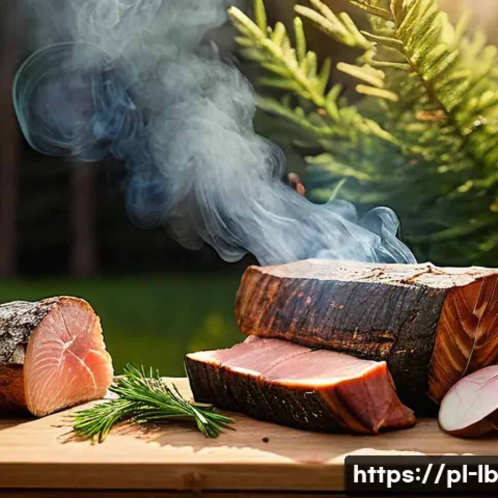 훈제 기법으로 만드는 독창적인 요리 - A rustic outdoor smoking setup showcasing various types of hardwood logs such as oak, alder, applewo...