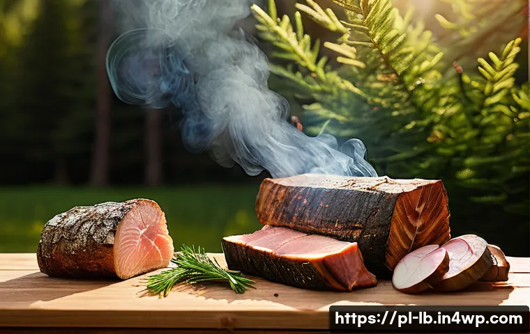 훈제 기법으로 만드는 독창적인 요리 - A rustic outdoor smoking setup showcasing various types of hardwood logs such as oak, alder, applewo...