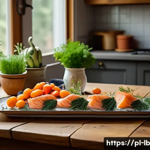 Home 33 소스와 조합한 훈제 요리 - A rustic Polish kitchen scene featuring a wooden table set with smoked salmon plated alongside a cre...