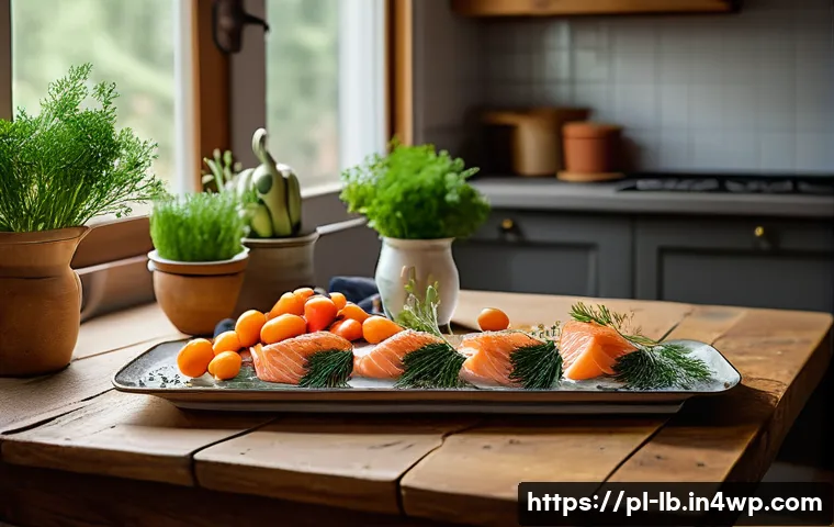 소스와 조합한 훈제 요리 - A rustic Polish kitchen scene featuring a wooden table set with smoked salmon plated alongside a cre...