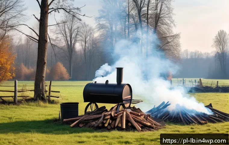 훈제 기법의 환경적 영향 - A detailed outdoor scene of traditional cold smoking in a rustic Polish countryside setting, showing...