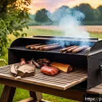 Home 19 훈제 기법으로 만드는 유명한 요리 - A rustic outdoor smoking scene featuring a traditional wooden smoker filled with assorted woods such...