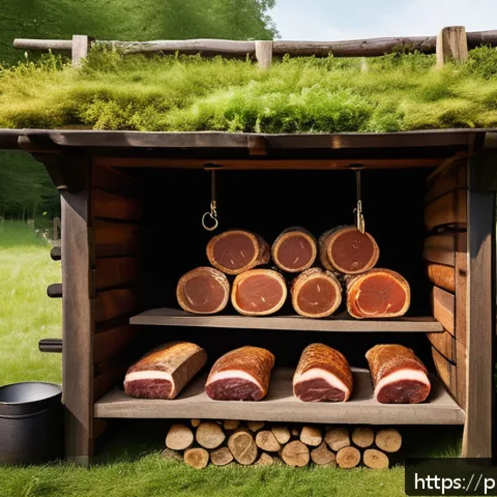 훈제 기법으로 만드는 완벽한 고기 - A rustic Polish smokehouse scene featuring a wooden smoking chamber filled with various cuts of fatt...