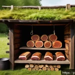 Home 18 훈제 기법으로 만드는 완벽한 고기 - A rustic Polish smokehouse scene featuring a wooden smoking chamber filled with various cuts of fatt...