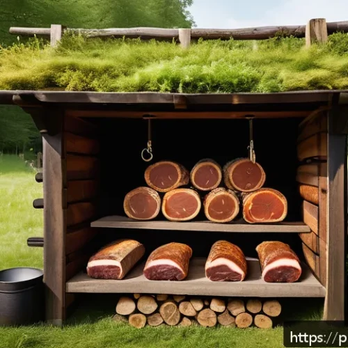 Home 30 훈제 기법으로 만드는 완벽한 고기 - A rustic Polish smokehouse scene featuring a wooden smoking chamber filled with various cuts of fatt...