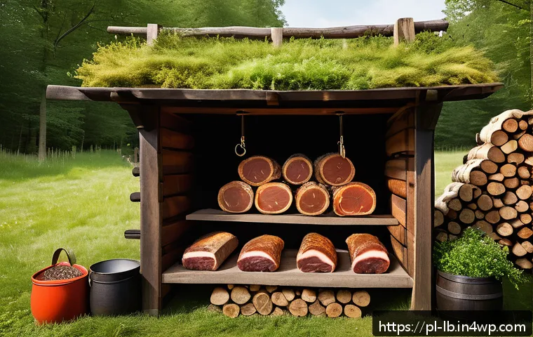 훈제 기법으로 만드는 완벽한 고기 - A rustic Polish smokehouse scene featuring a wooden smoking chamber filled with various cuts of fatt...
