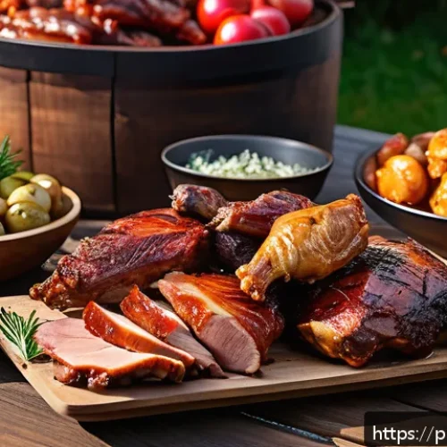 Home 17 훈제 기법에 적합한 고기 컷 - A rustic wooden table outdoors with an assortment of smoked meats: marbled pork shoulder, beef brisk...