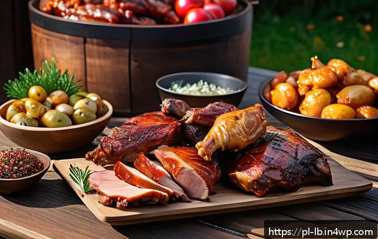 훈제 기법에 적합한 고기 컷 - A rustic wooden table outdoors with an assortment of smoked meats: marbled pork shoulder, beef brisk...