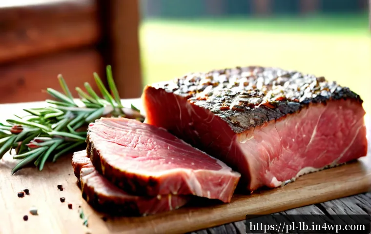 Home 17 훈제 기법으로 만든 스모크드 레드미트 - Photorealistic close-up of thick slices of smoked red meat on a rustic wooden cutting board, deep ma...